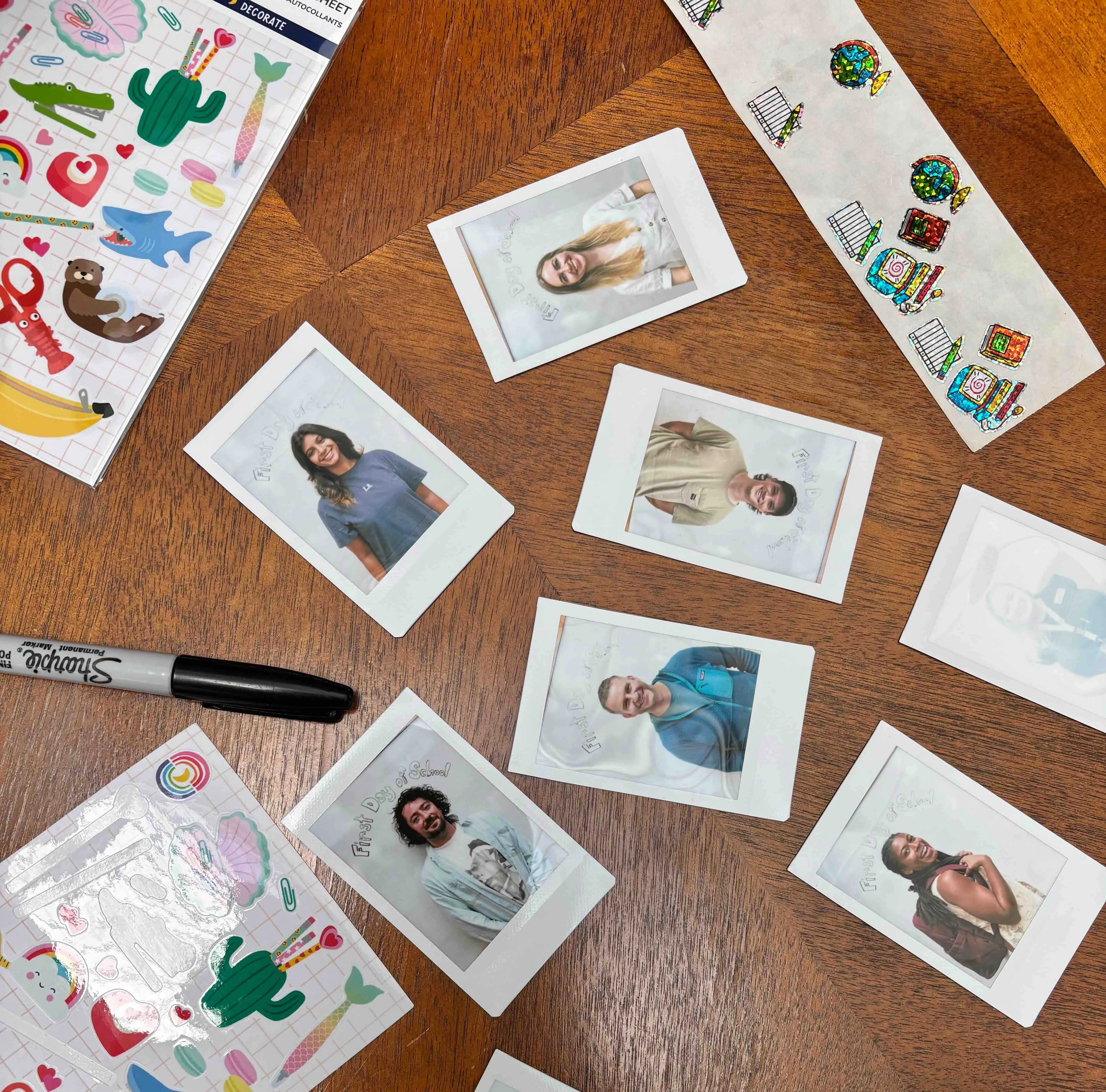 Photos and drawings on a table